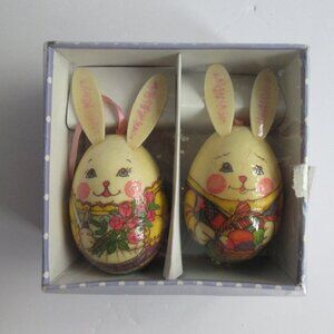Bunny Ornaments Mr & Mrs Rabbit Easter Egg Giftco Decoupage Wood in Box Vintage